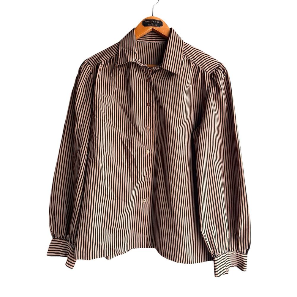 Vintage Women's Button Up Career Casual Long Sleeve Blouse Striped Brown Size 1X